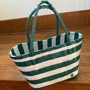 Unek Goods handwoven, recycled materials, green & white tote basket